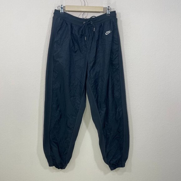 Nike Track Pants Men's Large Joggers Windbreaker Lined Swoosh Black Zip Pocket - Picture 1 of 10